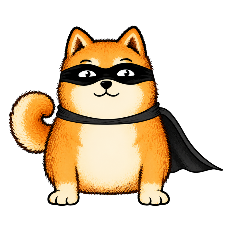 Monero Dog, round and fluffy, wearing bandit black with a flowing cape